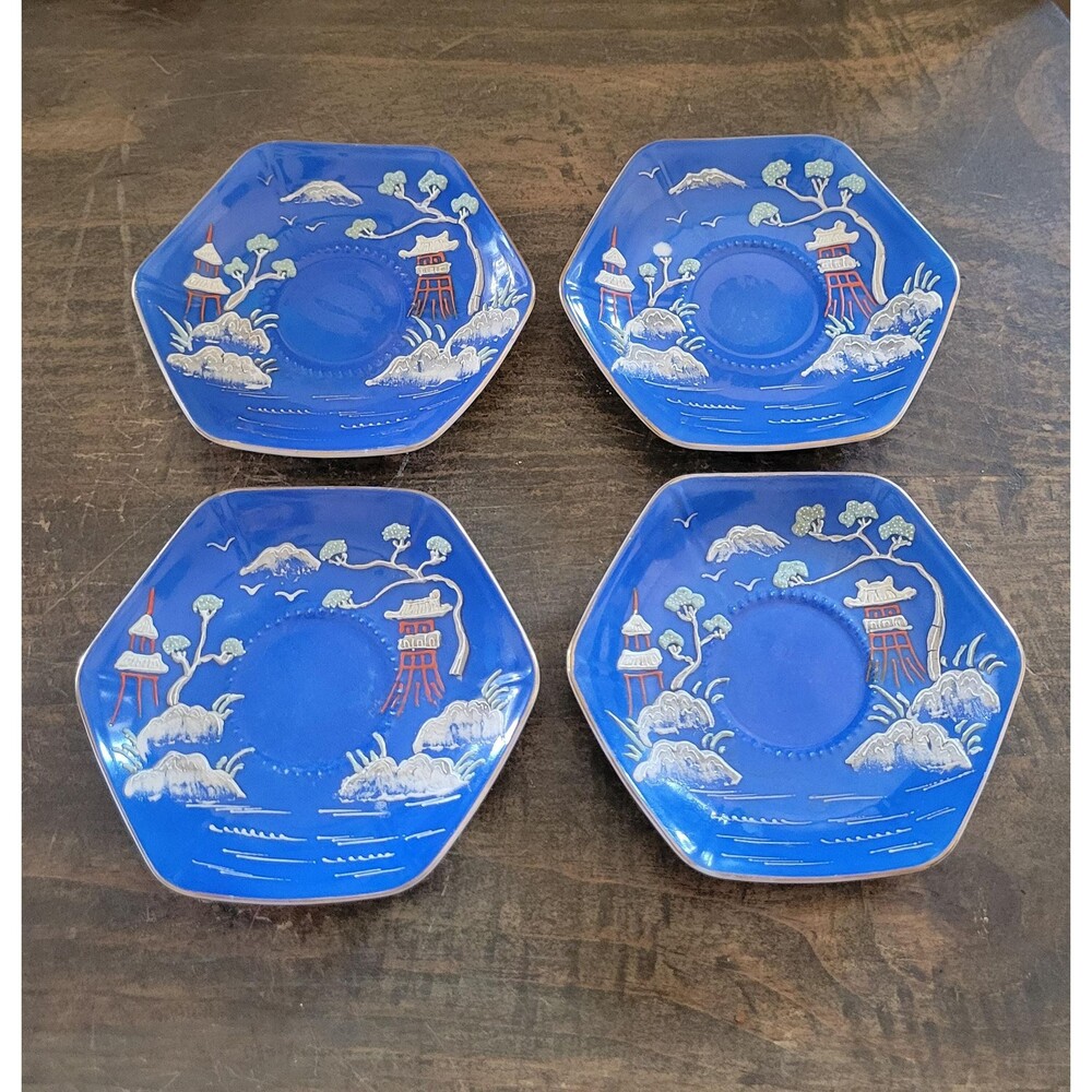 Hexagonal Occupied Japan Cobalt Blue Pagoda Moriage Saucer Set of 4: Post-WWII